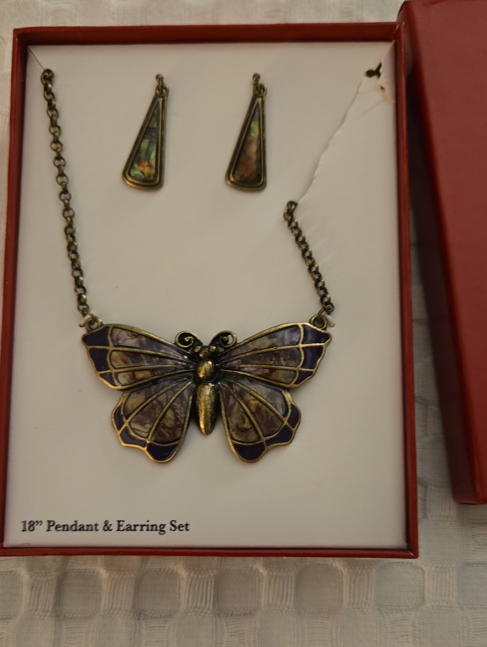 Butterfly Pendant & Earring Set - Purple and Gold